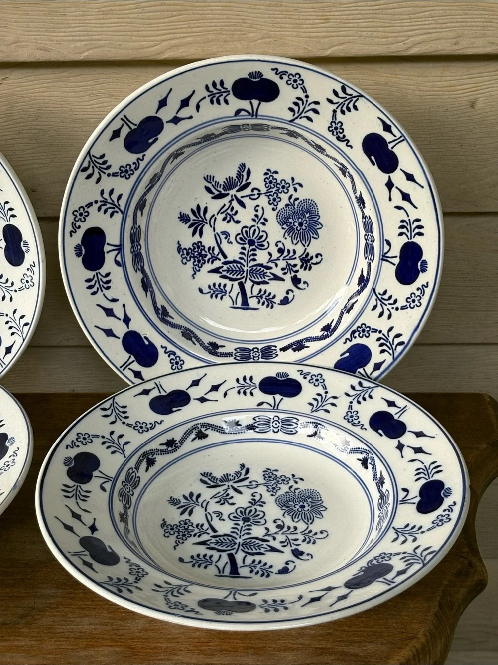 Set of 4 VTG German porcelain rim soup plates in the iconic Blue Onion pattern